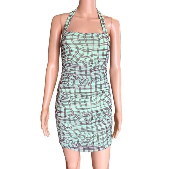 AFRM Bonnie Dress Mesh Ruched Plaid Checkered Halter Mini Bodycon NWT Medium Y2K - Picture 5 of 10
